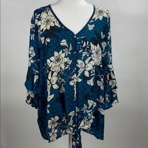 Sheer Light Blue Green Floral Tie Shirt